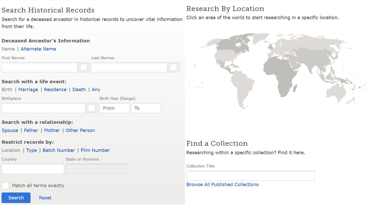 Скриншот поиска по семейной истории на FamilySearch