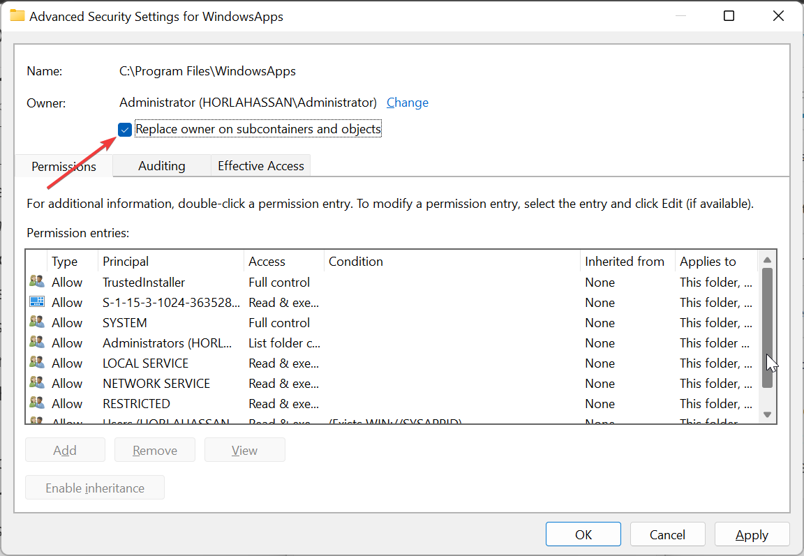 Опция 'Заменить владельца подконтейнеров и объектов'