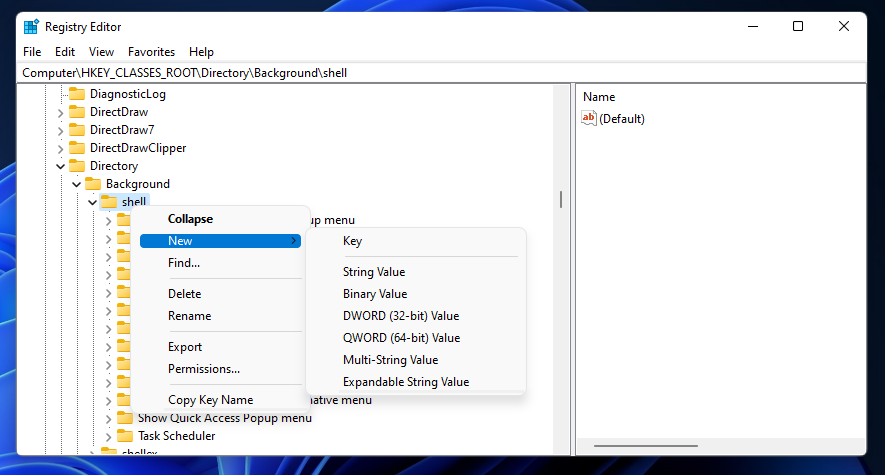 Опция Создать для ключа shell