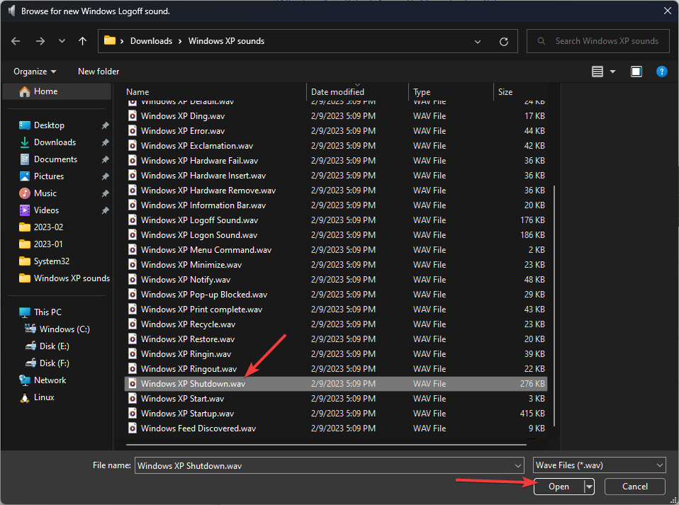 Выбор .wav файла для звука завершения работы