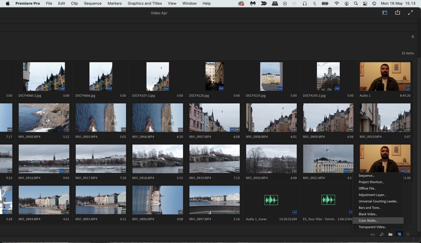 Скриншот: создание цветной заливки (Color Matte) в проекте Premiere Pro