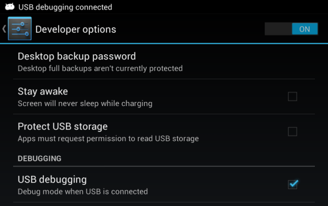 Экран настроек с пунктом USB‑отладка выделенным