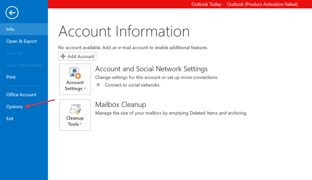 Открыть параметры Outlook