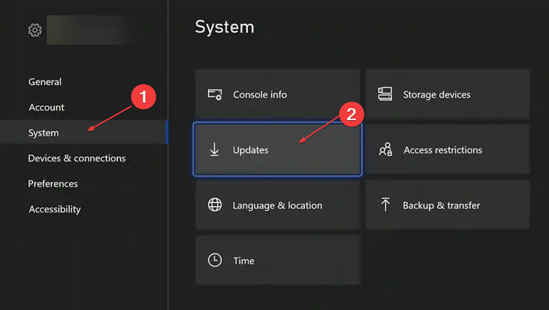Скриншот раздела «Обновления» в настройках системы Xbox