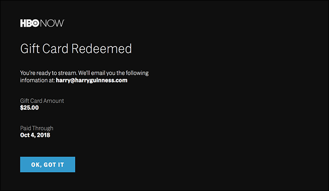 Экран подтверждения успешной активации подписки HBO