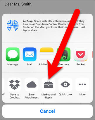 Нажмите Markup and Reply в меню общего доступа