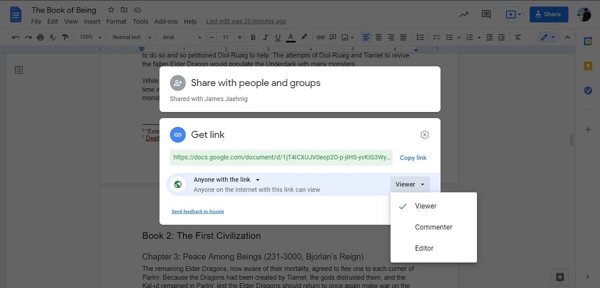 Настройки общего доступа к Google Docs