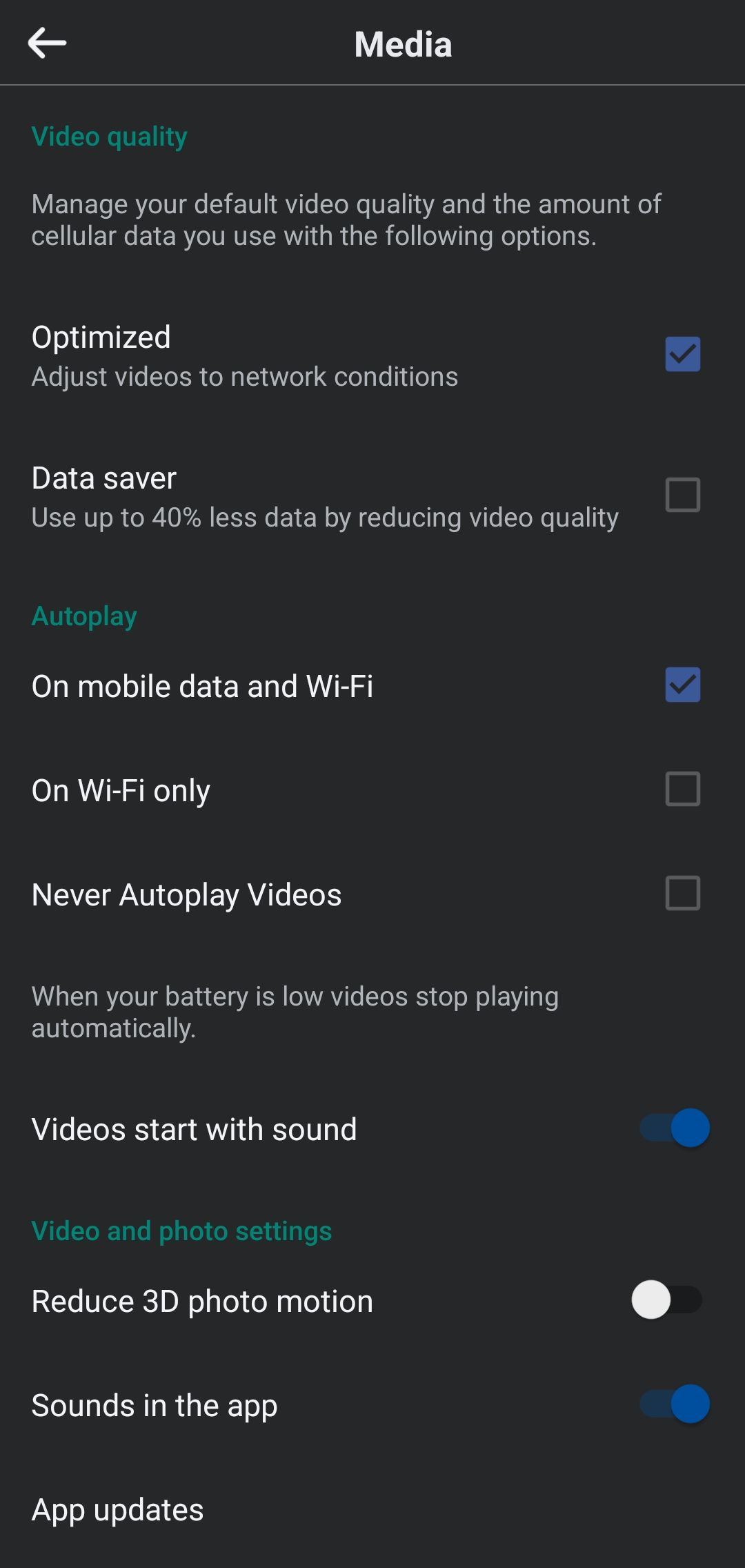 настройки медиа в мобильном приложении Facebook