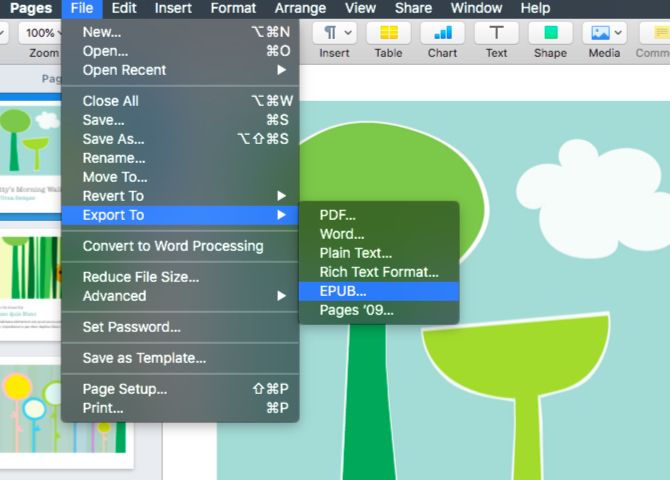 Диалог экспорта в EPUB в Pages — установка названия и автора