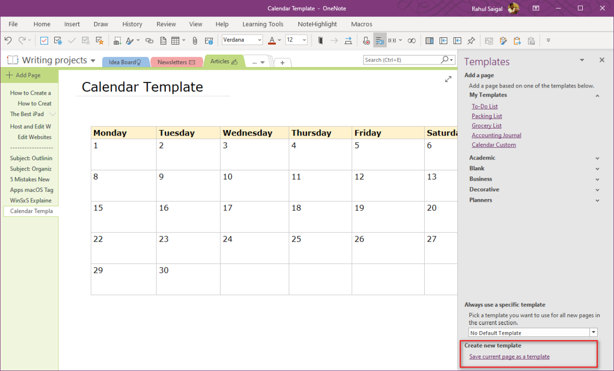 Сохранение шаблона календаря в OneNote