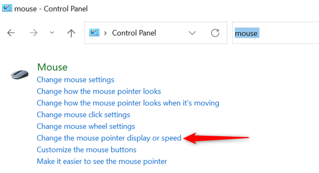 Выбор пункта изменения скорости указателя мыши