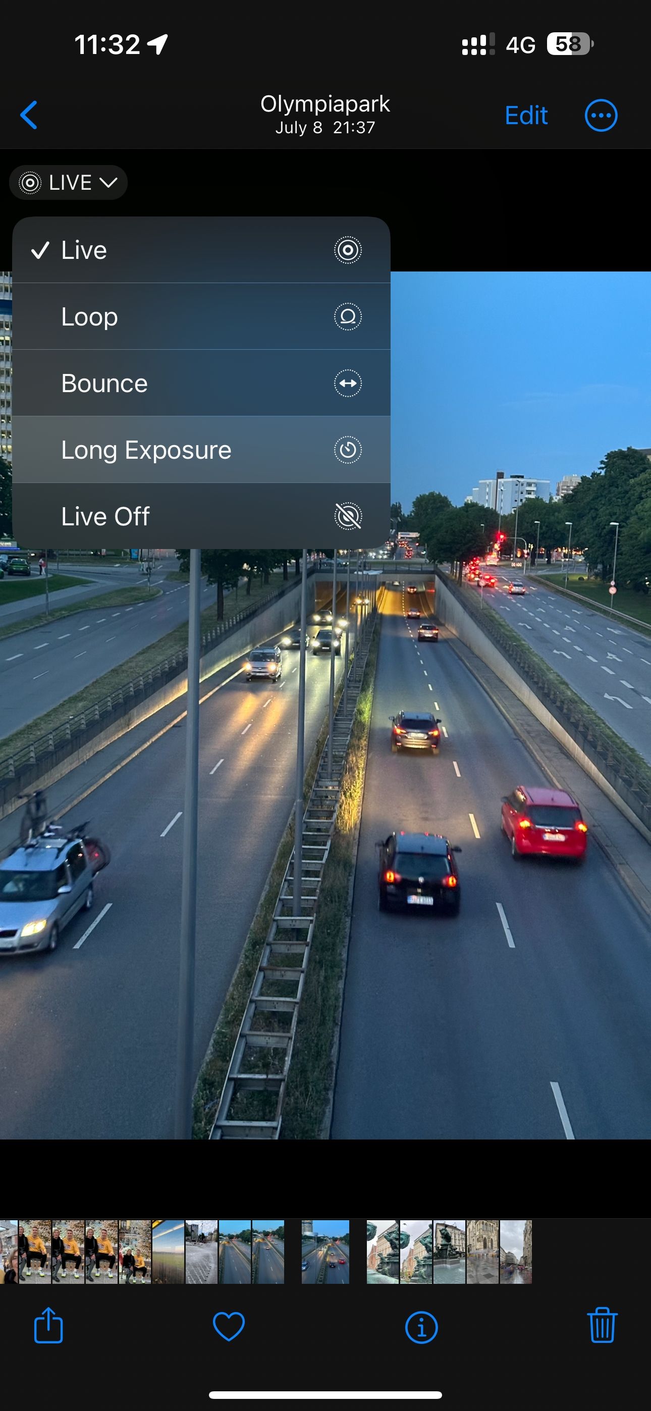 Выбор эффекта Длинная выдержка в меню Фото iPhone
