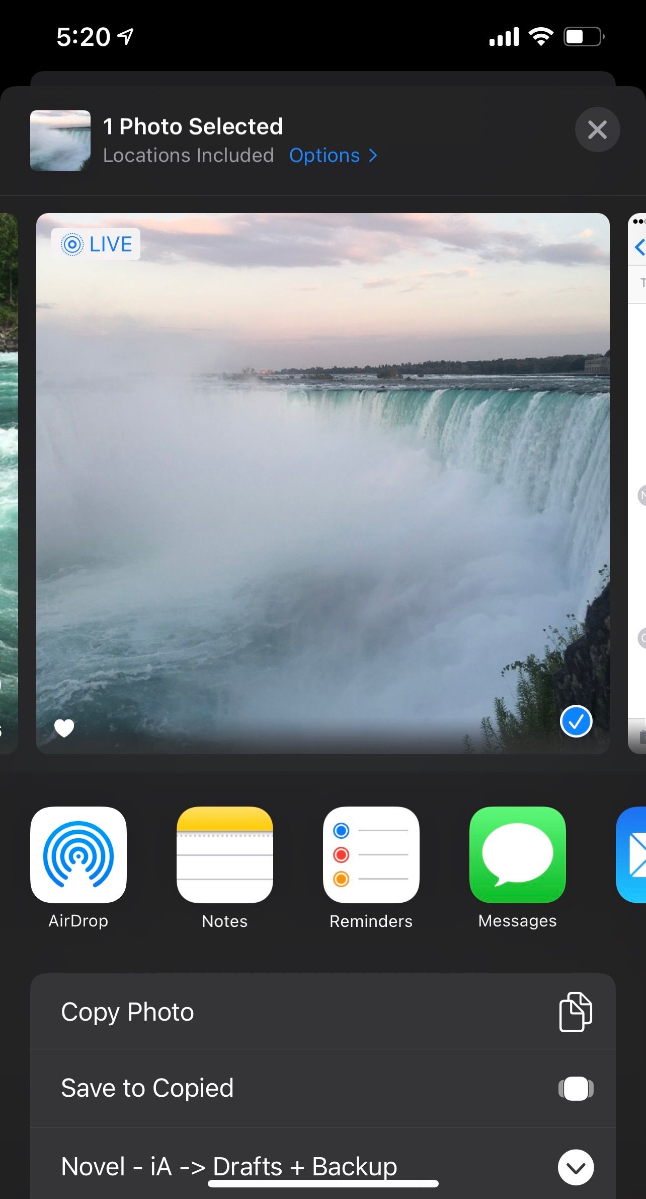 Лист «Поделиться» с фото, содержащим данные о местоположении.