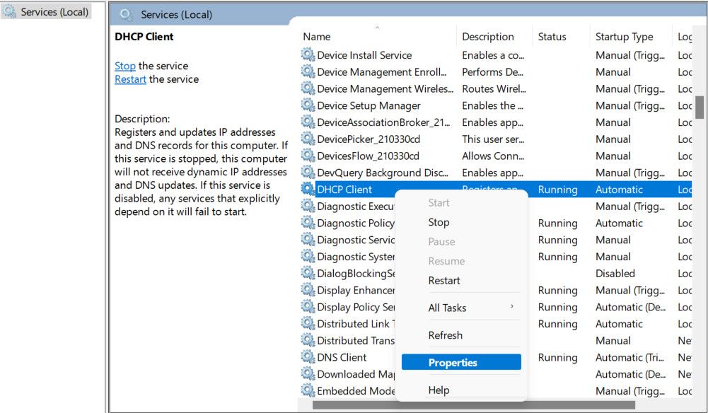Окно свойств службы DHCP Client