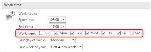 change your working days at File > Options > Calendar > Work week