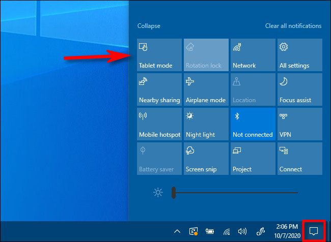 Кнопка Режим планшета в Центре действий Windows 10