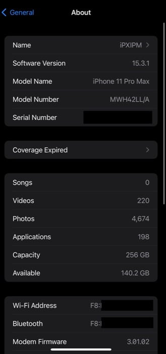 Экран Об устройстве с полем Wi‑Fi Address