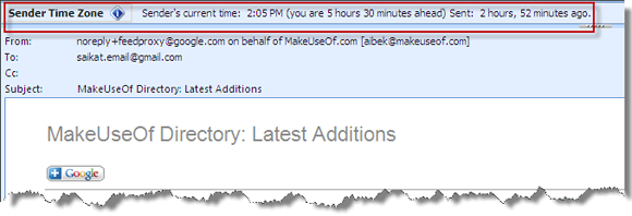 Панель плагина в Outlook, показывающая локальное время отправителя и разницу в часовых поясах