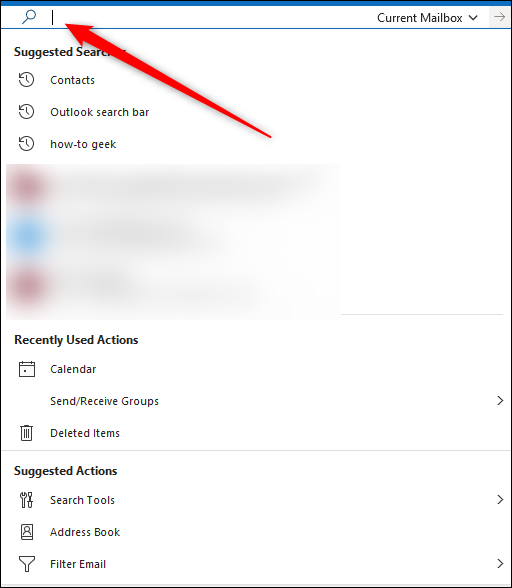 The new Search box menu.