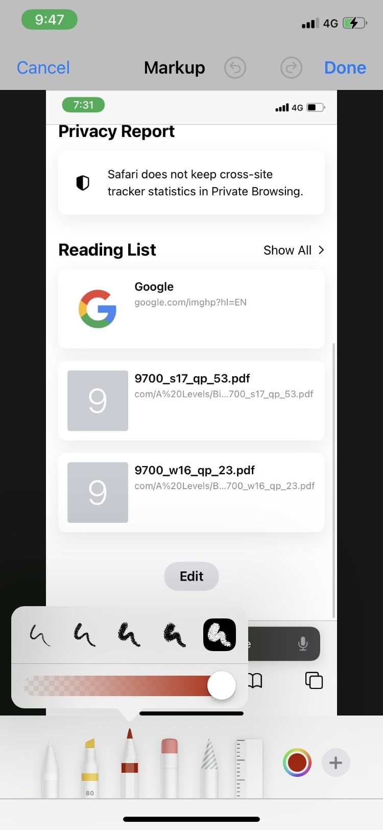 Опции пера в Markup: выбор толщины и цвета