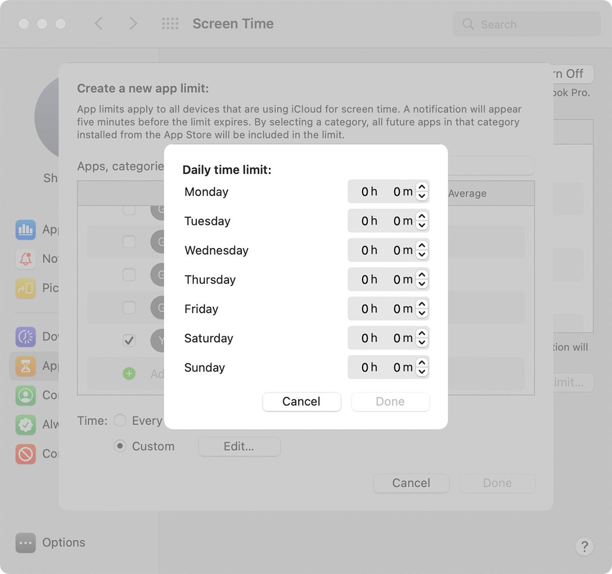 Пользовательский график лимитов по дням в Экранном времени