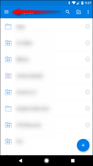 Экран приложения Dropbox на Android с меню и информацией о месте
