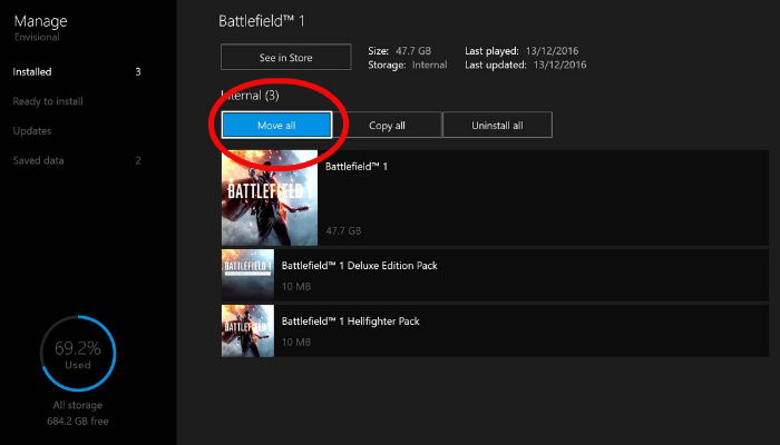 Меню для перемещения игр на внешний диск в Xbox One