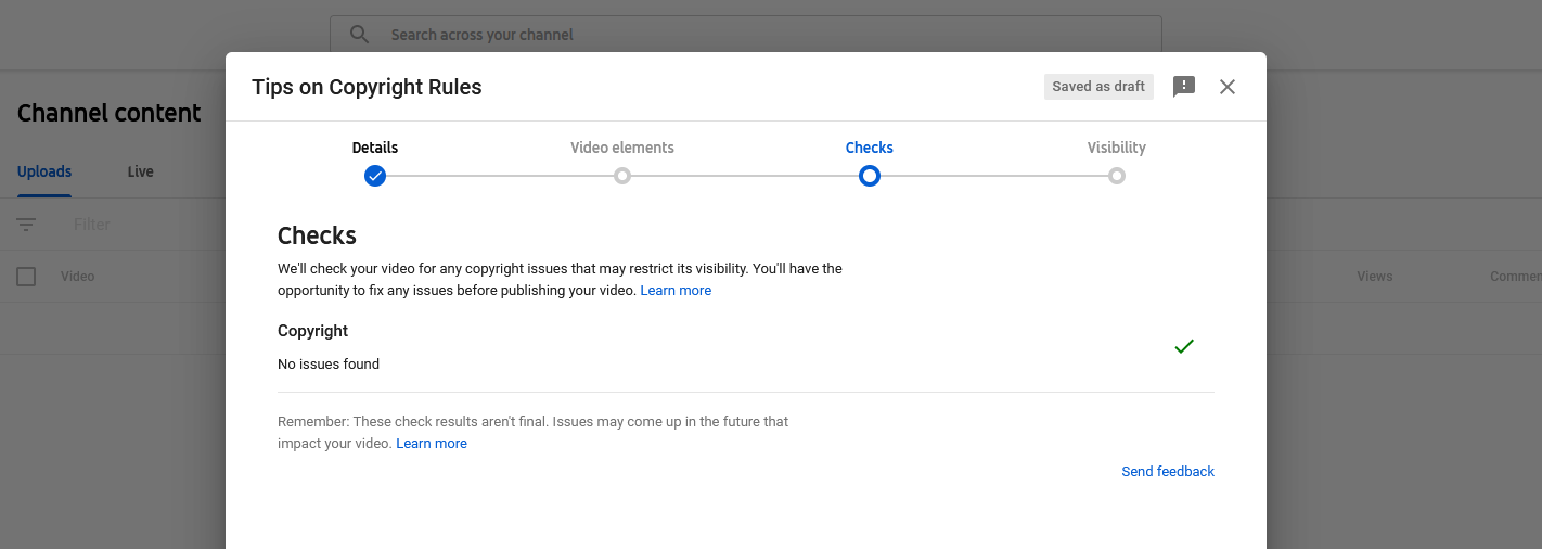 Окно проверок авторских прав YouTube с индикаторами