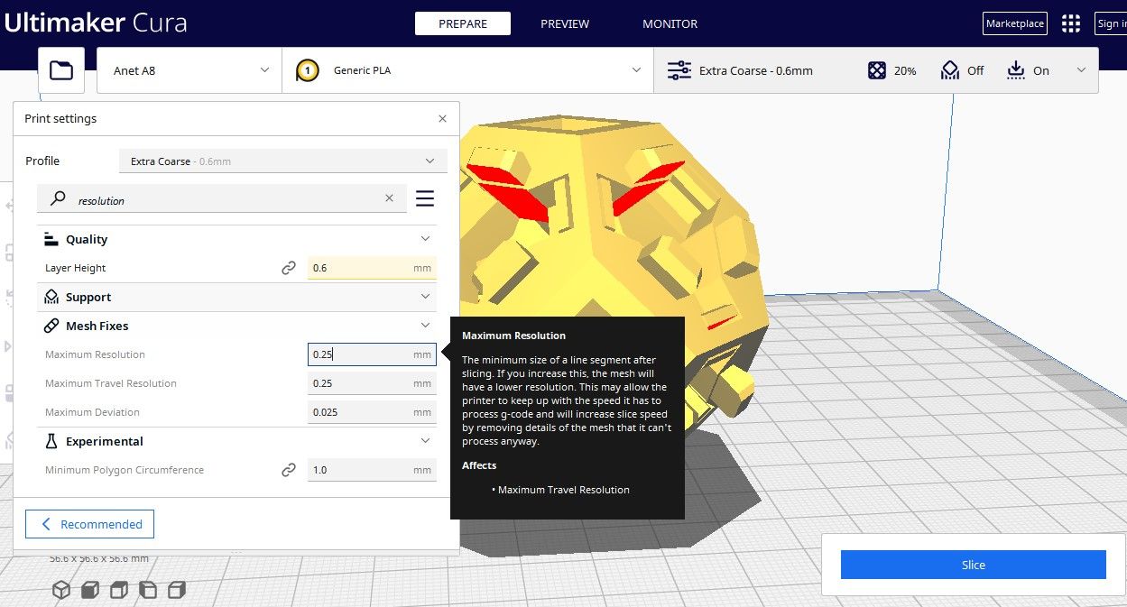 An demonstrating the resolution settings of a 3D model in Cura slicer