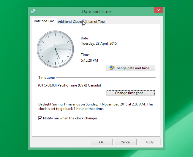 Вкладка Дополнительные часы в окне Дата и время