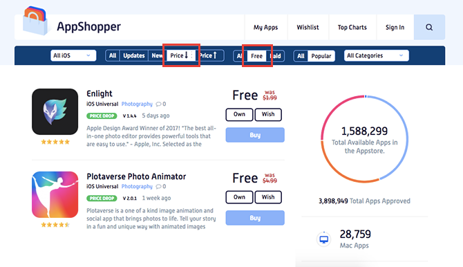Фильтры и список приложений на AppShopper