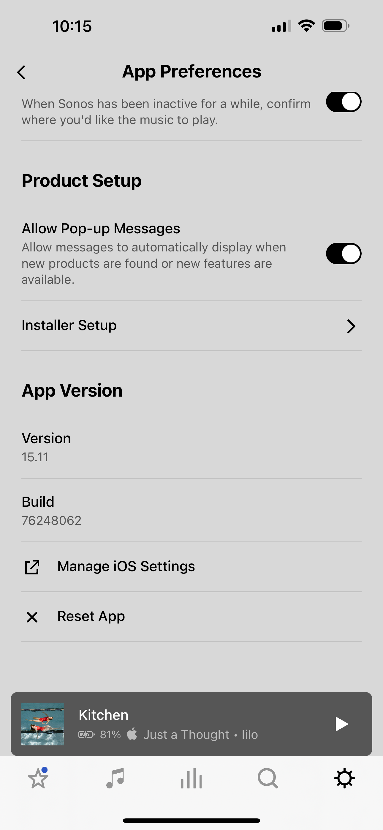 Предпочтения приложения Sonos на iOS