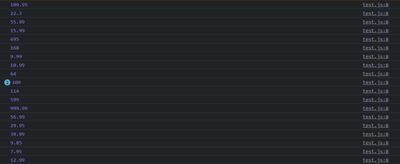 Скриншот: вывод цен продуктов в консоли при тесте на JavaScript