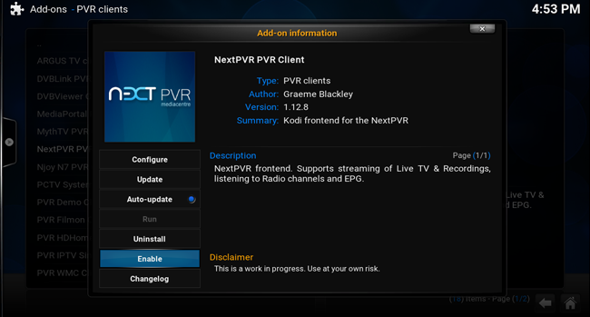Включение плагина NextPVR