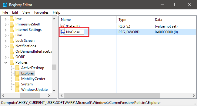 Создание DWORD NoClose в ключе Explorer