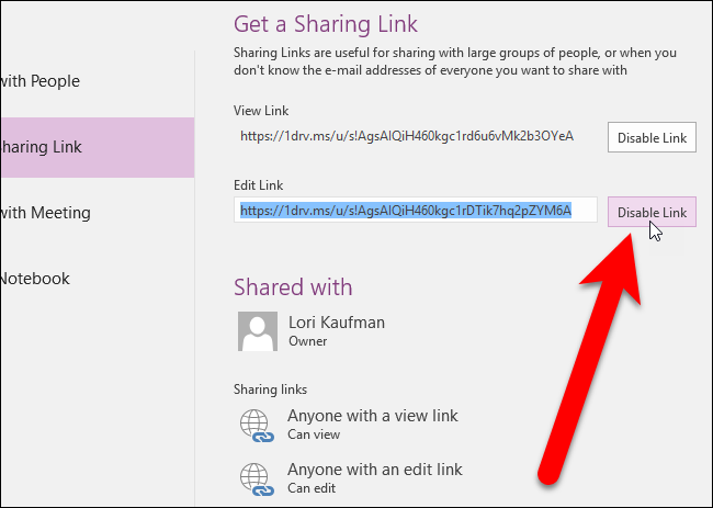 Кнопка отключения ссылок для общего доступа