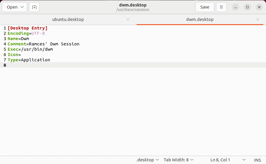 Скриншот примера .desktop-файла с пользовательским сеансом, открытого в gedit.
