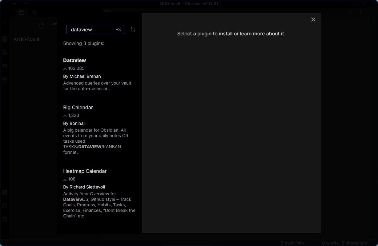 Установка плагина Dataview из каталога плагинов