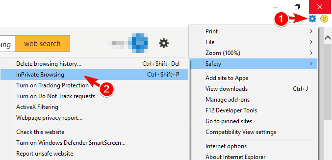 Меню Internet Explorer с опцией InPrivate