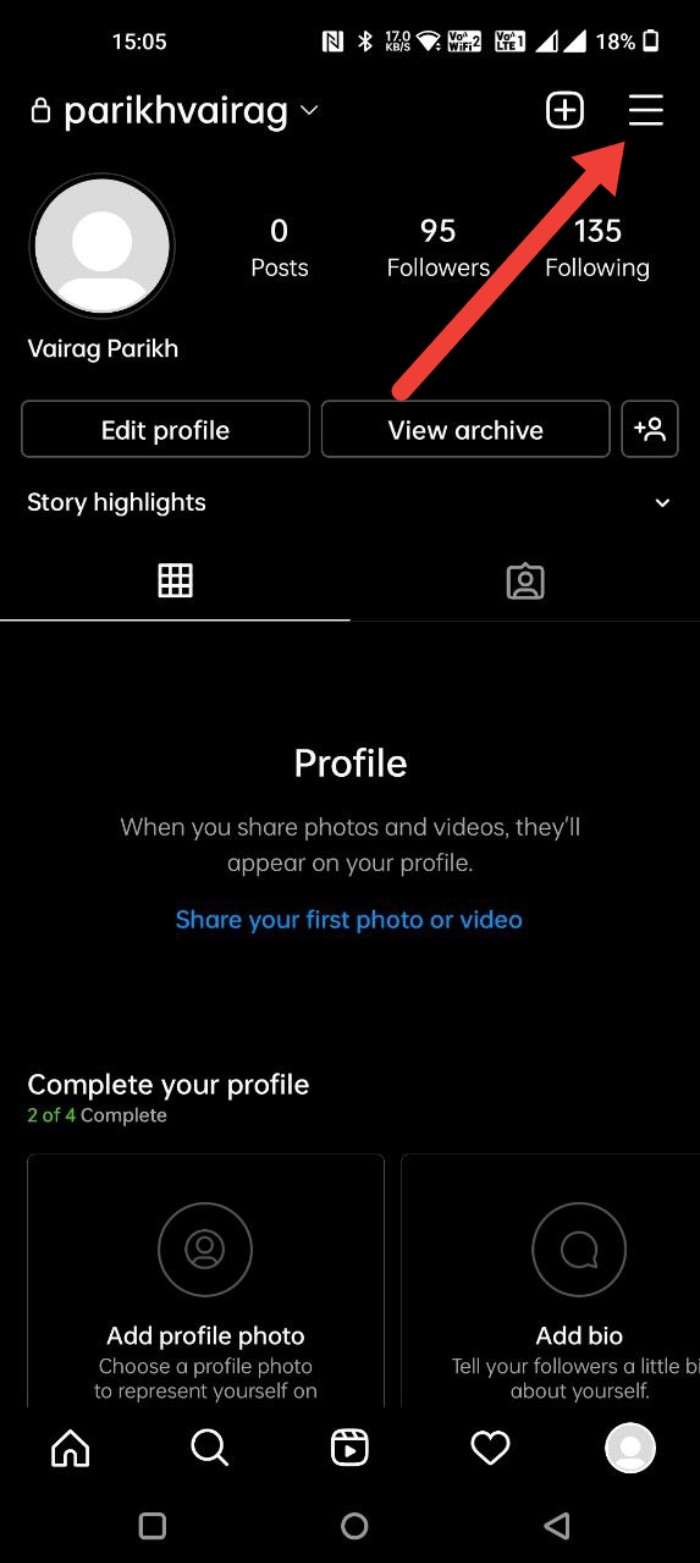 Menú de perfil de Instagram en Android