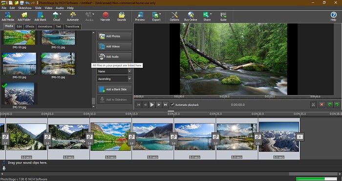 Изображение: интерфейс PhotoStage с монтажной линией и эффектами переходов