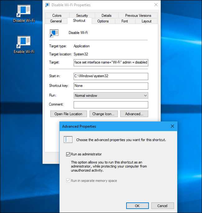 Окно свойств ярлыка с опцией Выполнять от имени администратора