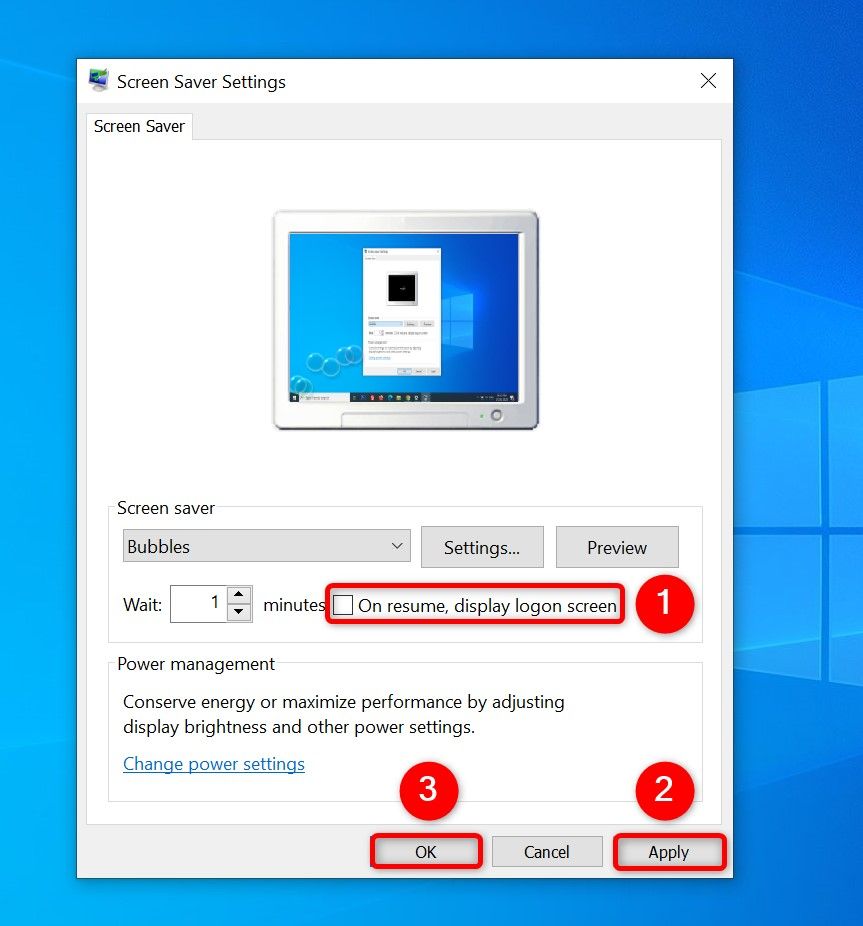 Окно 'Screen Saver Settings' в Windows 10: выделены 'On Resume, Display Logon Screen', 'Apply' и 'OK'