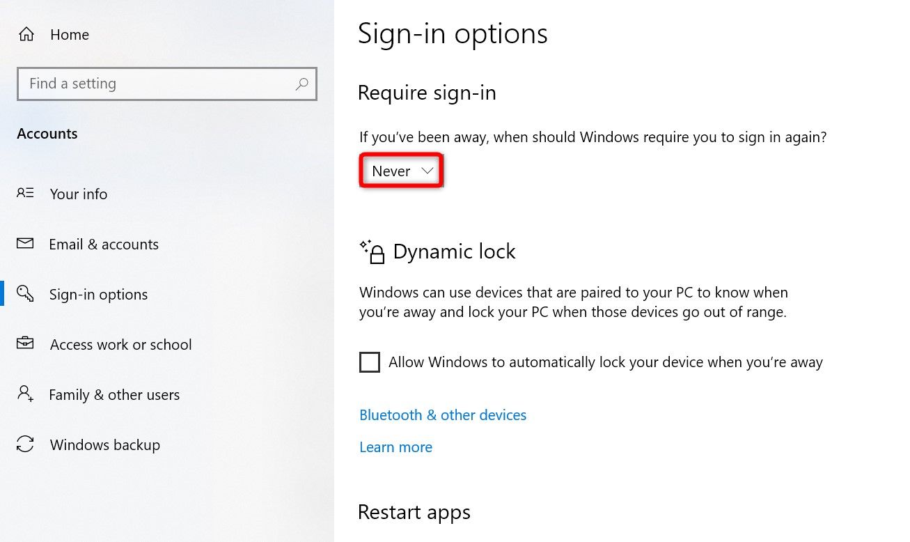 Выпадающий список 'Require Sign-In' установлен в 'Never' в Windows 10