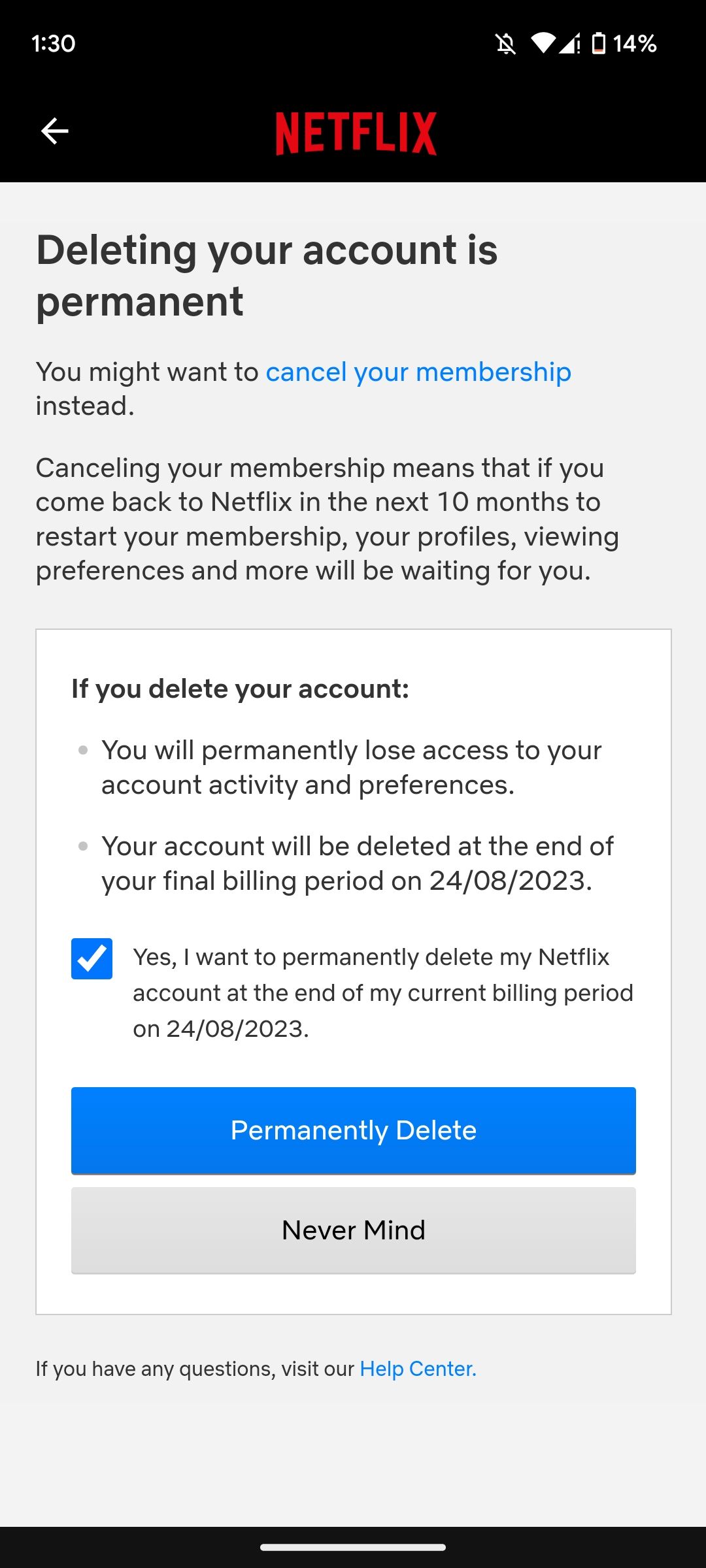 Подтверждение удаления аккаунта Netflix
