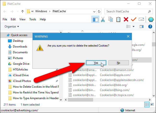 Подтверждение удаления файла cookie в Internet Explorer