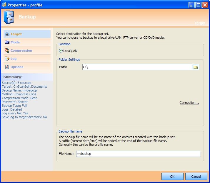 Окно выбора параметров и места сохранения резервной копии (закладки Internet Explorer)