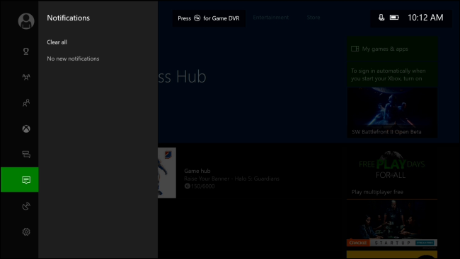 Меню уведомлений Xbox One с историей уведомлений