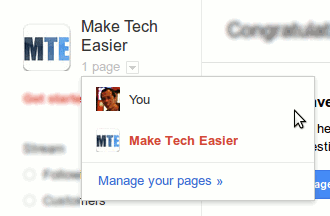 Переключение между личной учетной записью и страницей Google+, показывающее ссылку под логотипом