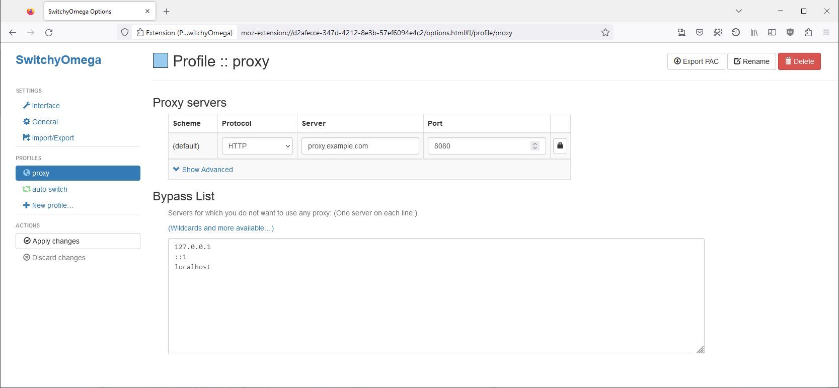 A Screenshot of the SwitchyOmega Firefox Add on in Use
